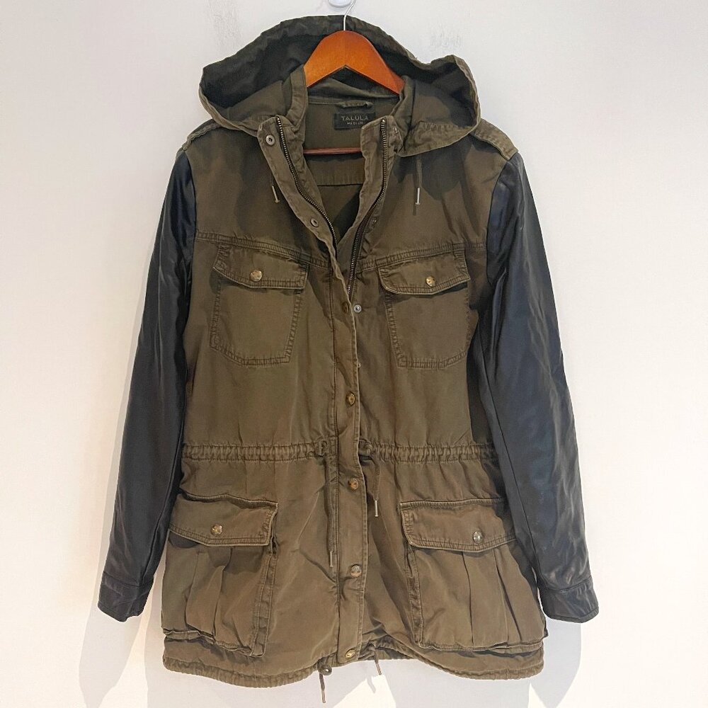 Aritzia Talula Green Trooper Utility Hood Jacket Black Faux Leather Sleeves Sz M